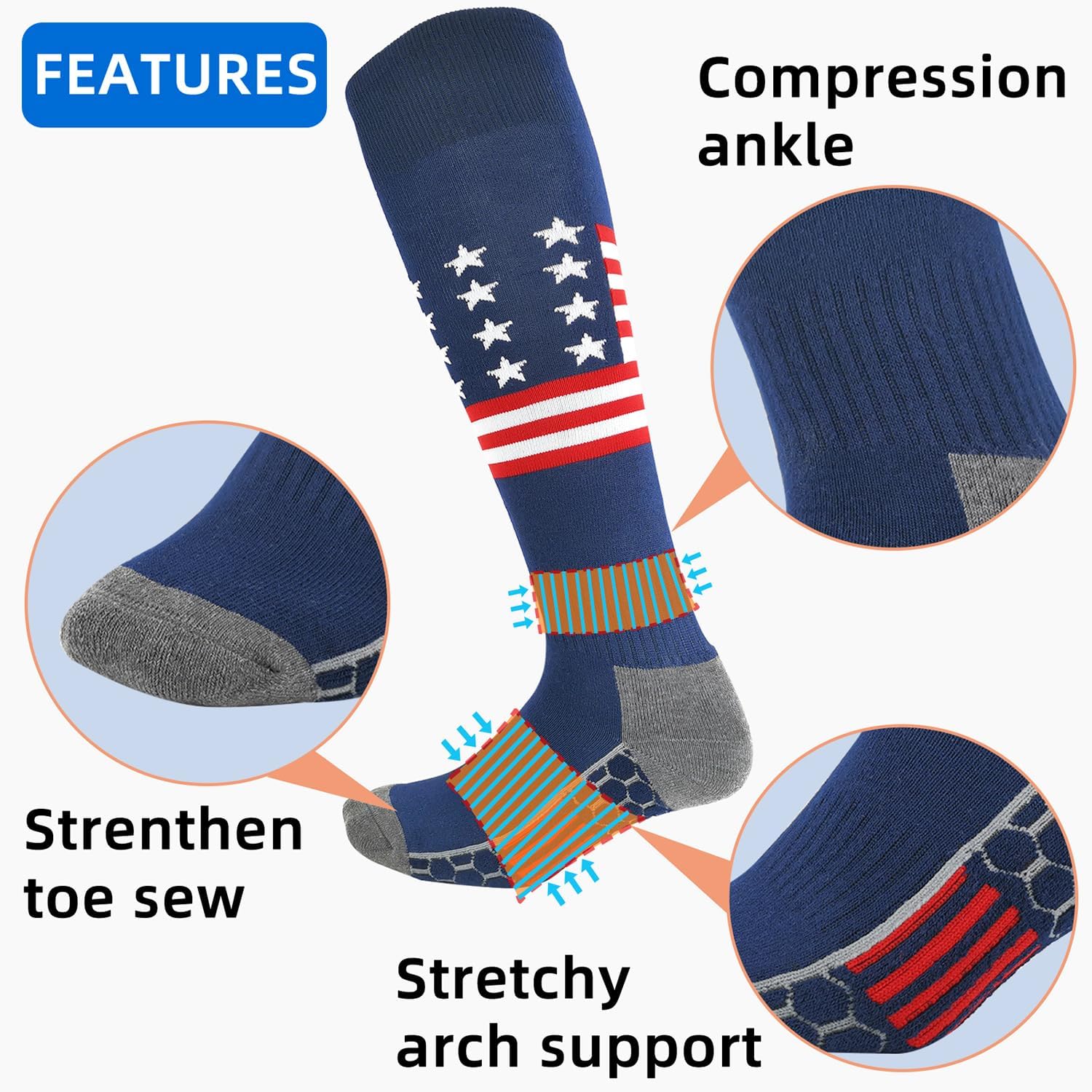Baseball & Softball Socks, Knee-High American Flag Athletic Socks, Cushioned - Image 4