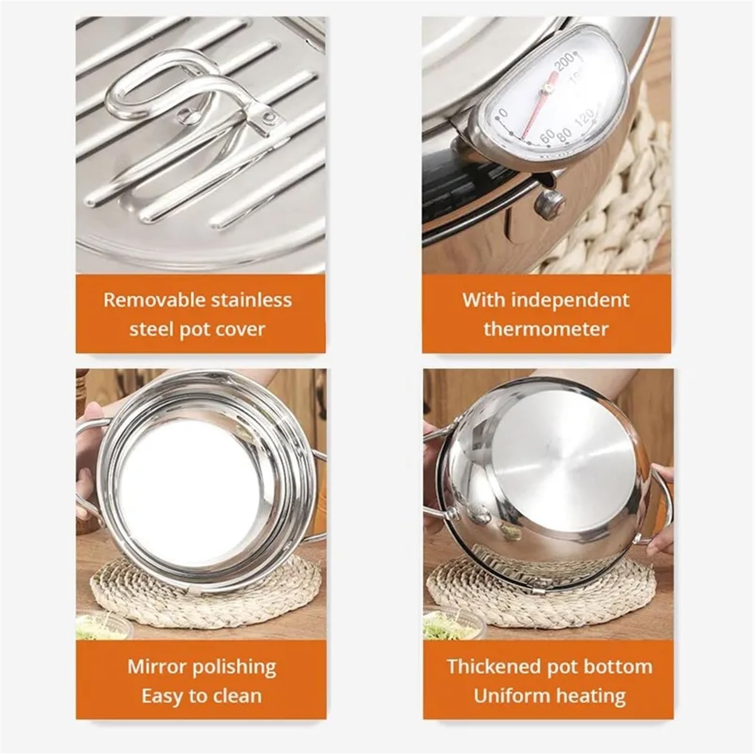 1pc Stainless Steel Oil Pan with Thermometer - Perfect for Tempura, French Fries & More(4.2L)