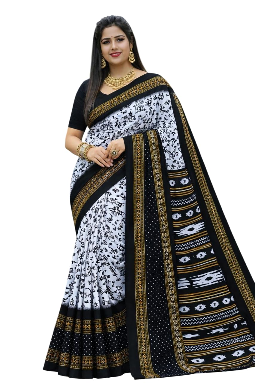 Black White Printed Cotton Saree for Women | Soft Breathable Fabric | Traditional Ethnic Saree with Golden Border Design | Daily Use & Festive Saree | Without Blouse Piece-picture-53