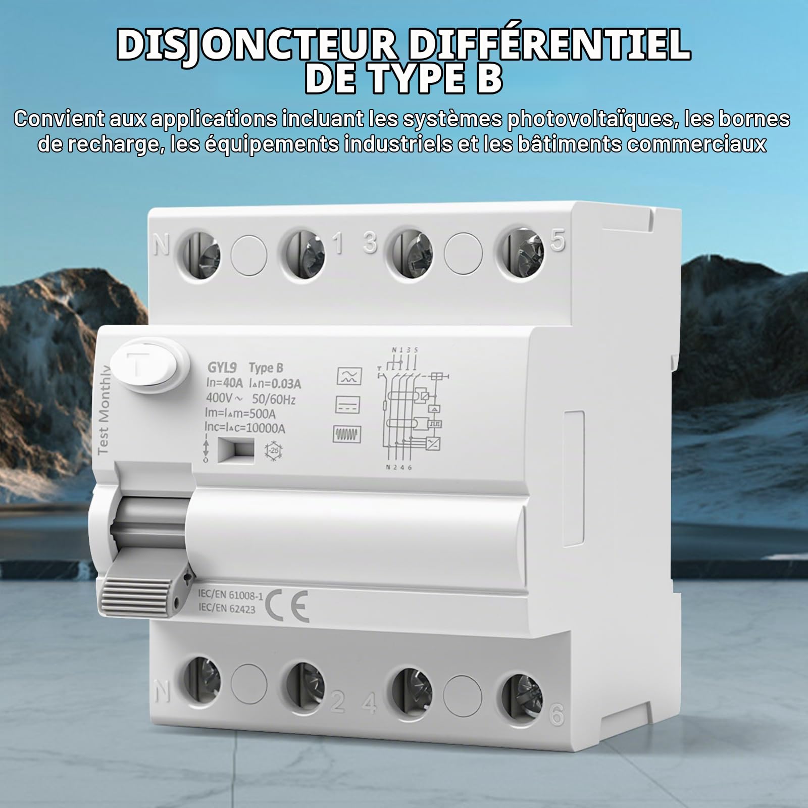 Disjoncteur différentiel 30mA Type B interrupteur différentiel 40A 30mA 3P+N 10kA RCCB disjoncteurs de courant résiduel AC400V convient aux stations de recharge et aux équipements industriels GYL9