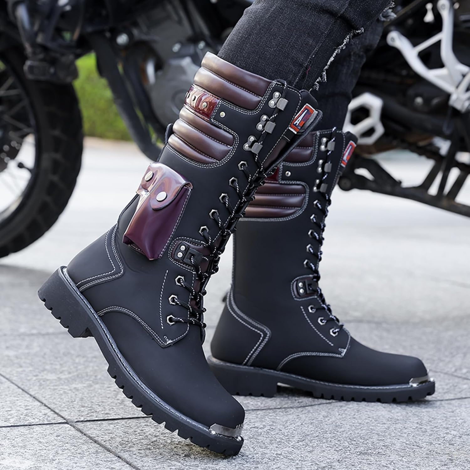 Men's Leather High-Top Lace-Up Motorcycle Boots Mid-Calf Buckle British Style Metal Combat Boots Suitable For Riding, Punk Rock, Music Festivals