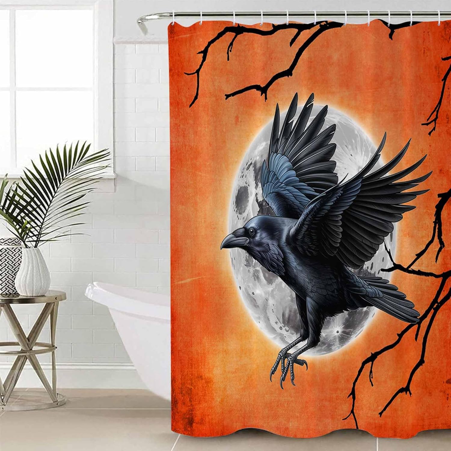 Halloween Shower Curtain, Stall Shower Curtains for Bathroom/Bathtub, Retro Orange Moon Night Black Crow Waterproof Fabric Shower Curtain Set with 12 Hooks, 48" x 72"