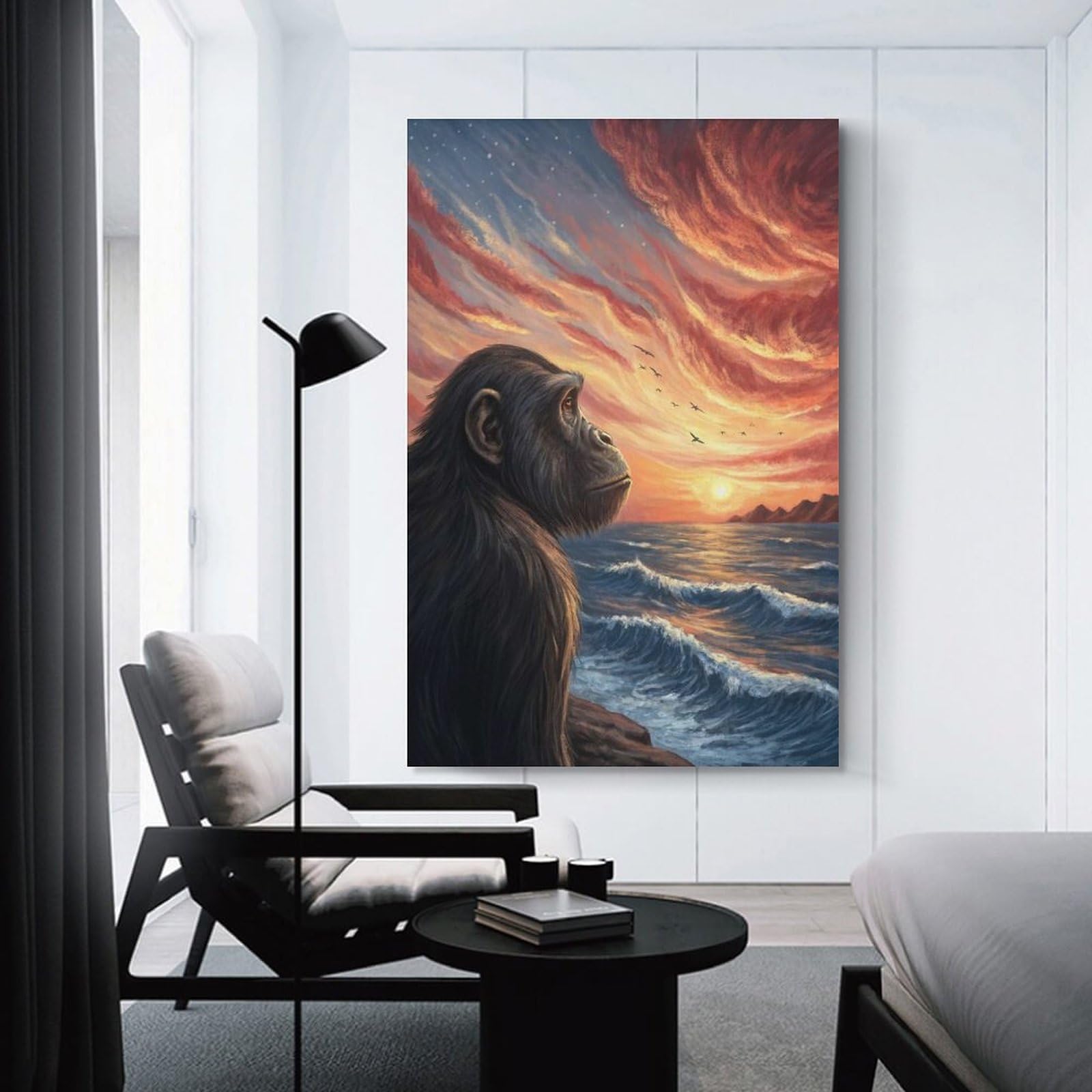 Junmoney Chimpanzee Gazing at Sunset Over Ocean Canvas Art Print, 24x36inch(60x90cm), for Wall Displays, Bedrooms Or Room Updates, Home Wall Art for Statement Displays