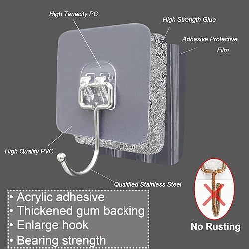 Miniatura 2 de Ganchos adhesivos para colgar, paquete de 12 ganchos de pared resistentes de 22 libras (máx.) sin clavos, autoadhesivos, extraíbles, impermeables y