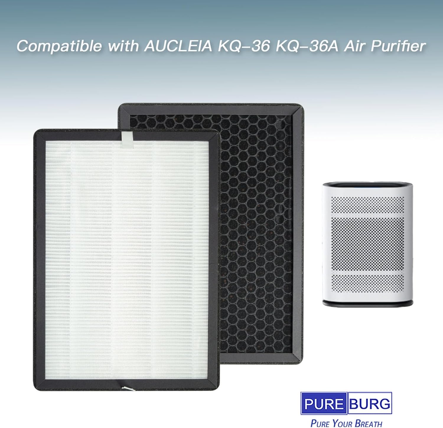 PUREBURG Replacement Filter Compatible with AUCLEIA KQ-36 KQ-36A Air Purifier, 4-Pack H13 HEPA Activated Carbon 3-Stage Filtration Air Clean Dust VOCs Odor