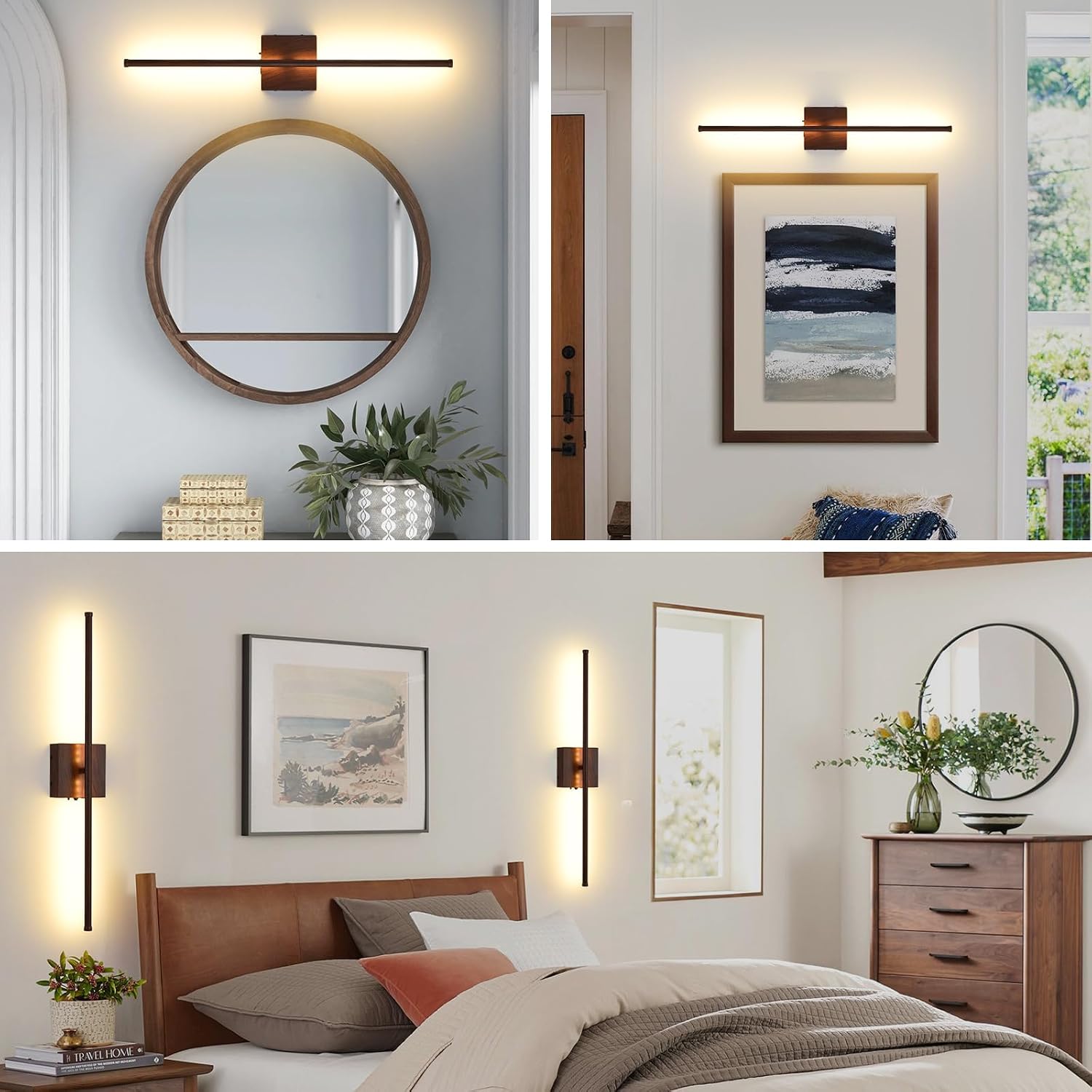 Rechargeable Battery Operated Wall Sconces, 11000mAh Faux Walnut Finish Wall Lights with Remote Control, 350°Rotate Dimmable Wall Lamp, 3 Color Temperatures, for Bedroom Living Room Hallway, 1 PCS