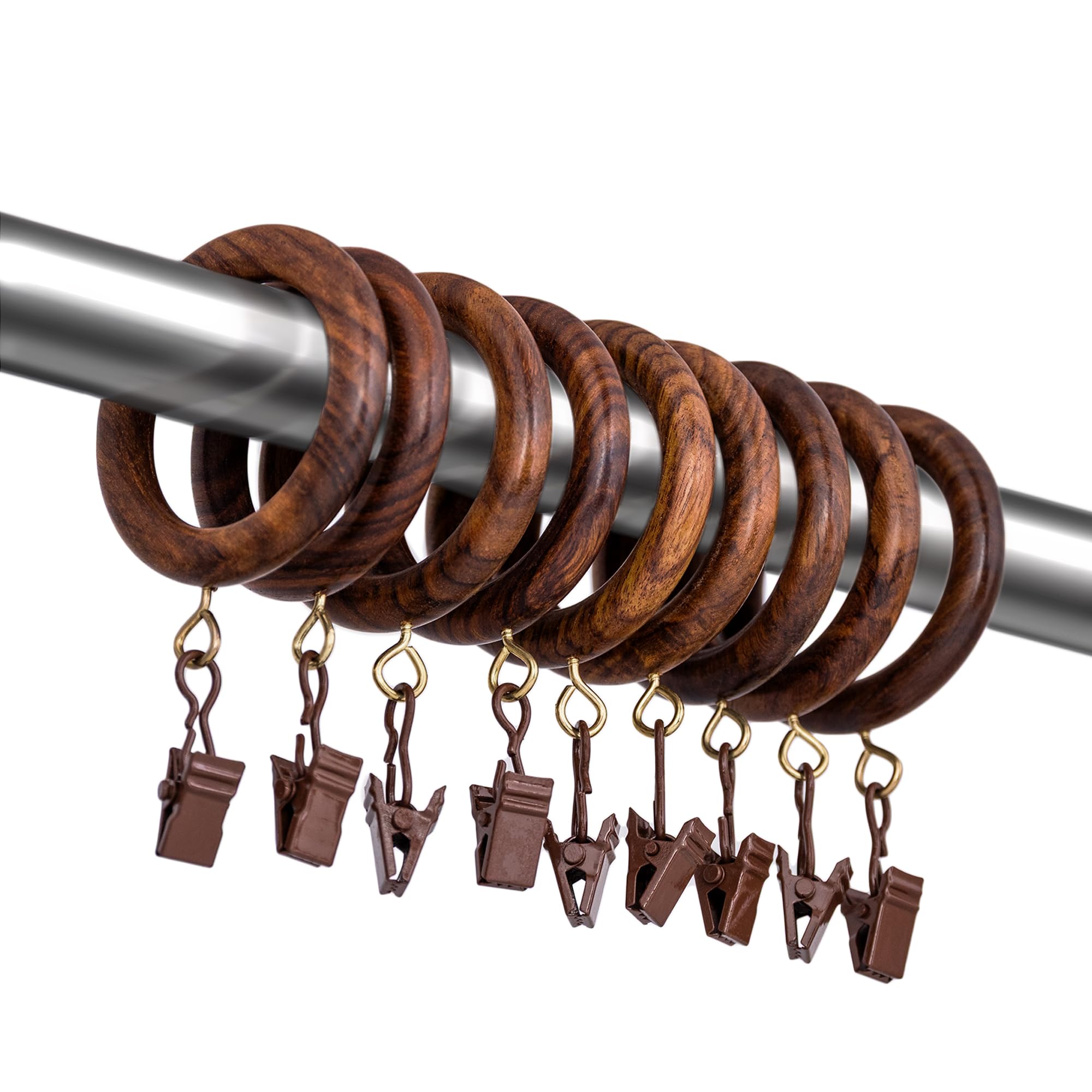 Lot de 48 anneaux de rideaux en palissandre fabriqués à la main avec clips – 6,3 cm extérieur et 4,4 cm de diamètre intérieur – Anneaux de draperie en bois lisse avec clips métalliques pour tringles à