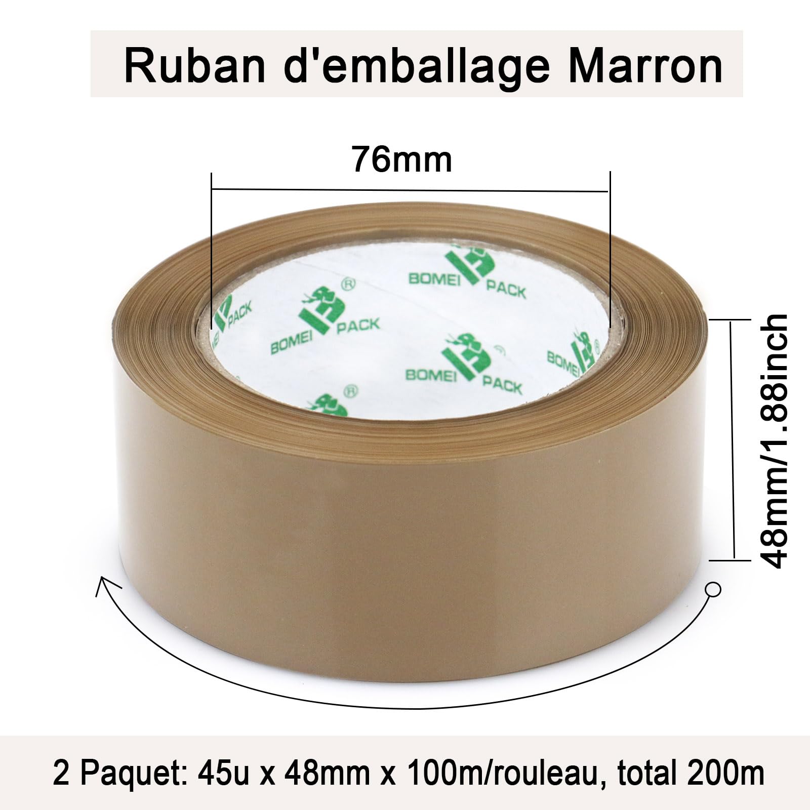 BOMEI PACK Marron Ruban d’emballage 100m x 48mm pour emballage -2 rouleaux avec dévidoir,impression adhésif fort pour colis, entrepôt, e-commerce