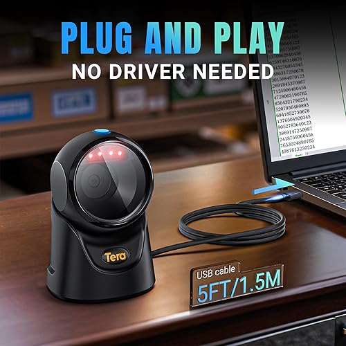 Miniatura 5 de Tera Escáner de código de barras Manos libres Omnidireccional Escritorio 1D 2D QR USB con cable Ángulo ajustable Plug and Play Lector de código de