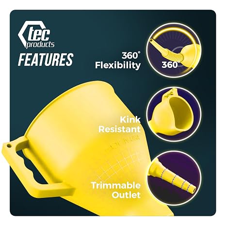 FlexAll Funnel Bundle - Long Flexible Funnels with Hose for Automotive Use - Nitrile Rubber Funnels with Handle for Oil Change and Transmission Fluid - Gas, Diesel, Oil - Yellow (Small + Large)