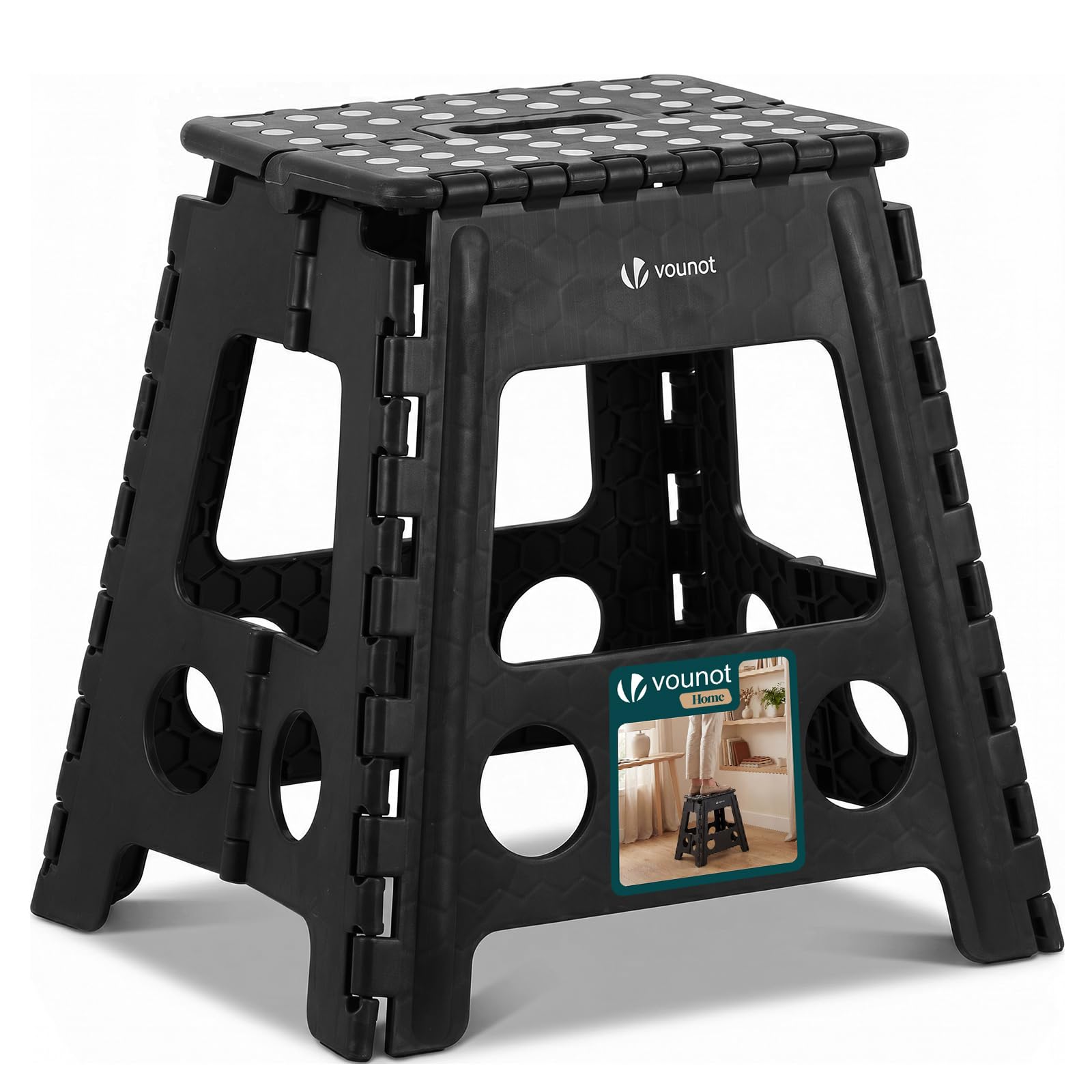 VOUNOT® Folding Step Stool, Portable Stepping Stool with Carrying Handle, Anti-Slip Folding Stool for Bathroom, Garden, Camping, Home, 39 x 32 x 40 cm, Black
