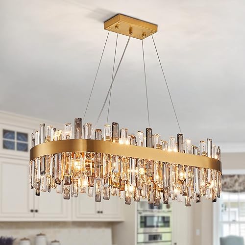 Siljoy Candelabro de cristal ovalado dorado de 35.4 pulgadas para comedor, 16 luces rectangular moderna K9, lámpara colgante de techo de latón de