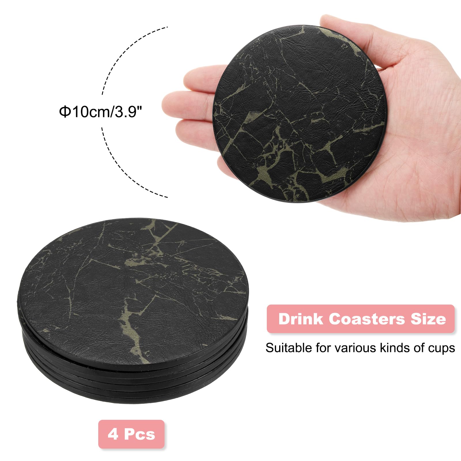 uxcell Round Drink Coasters Set of 4 Marble Style Dual Sided Non-Slip Non-Stick Waterproof Leather Coasters for Drinks Coffee Table - Image 2