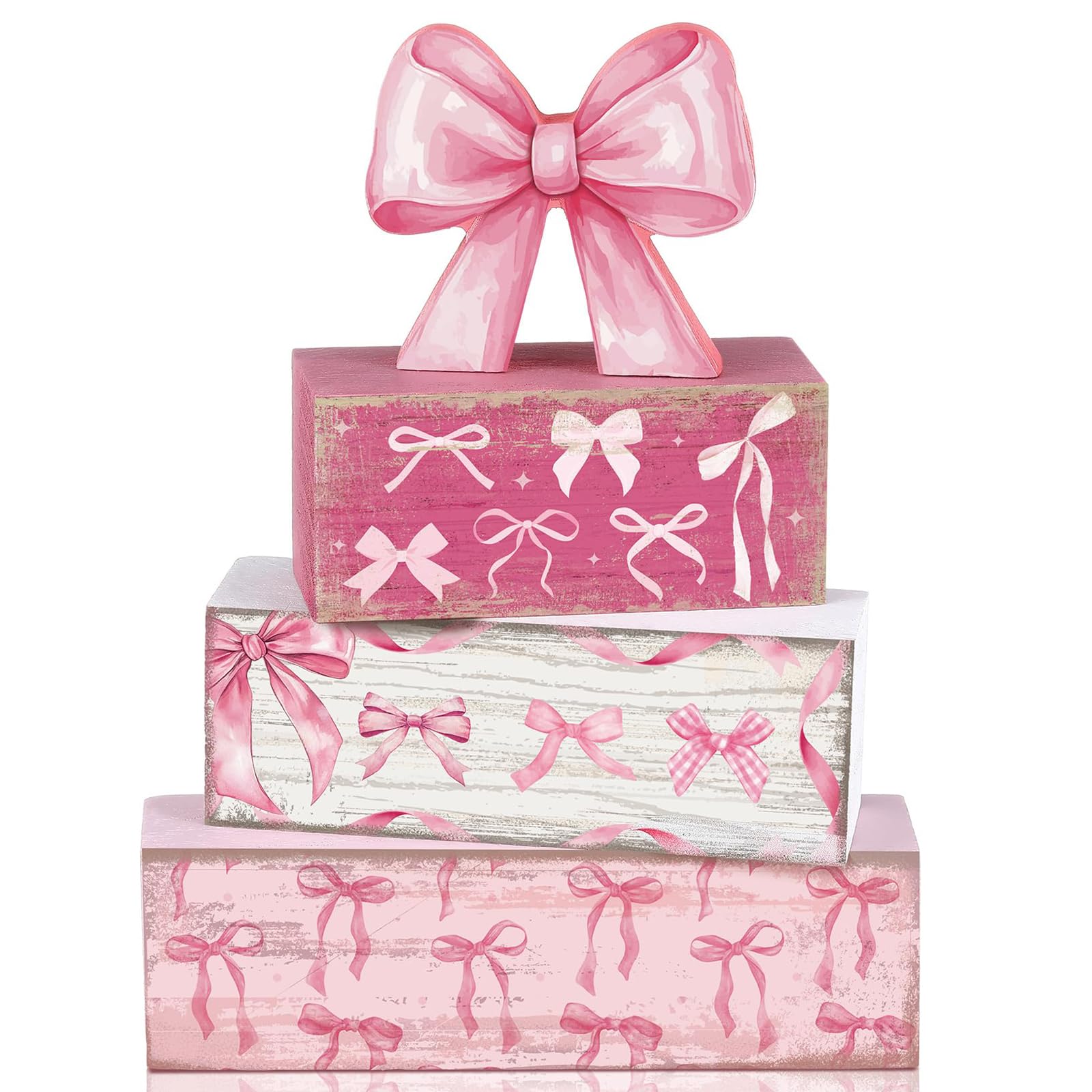 4 Pcs Pink Bow Room Decor, Wooden Ornaments Set, Cute Coquette Style Desktop Decorations for Teen Girls Bedroom, Shelf Table Home Decoration Accessories
