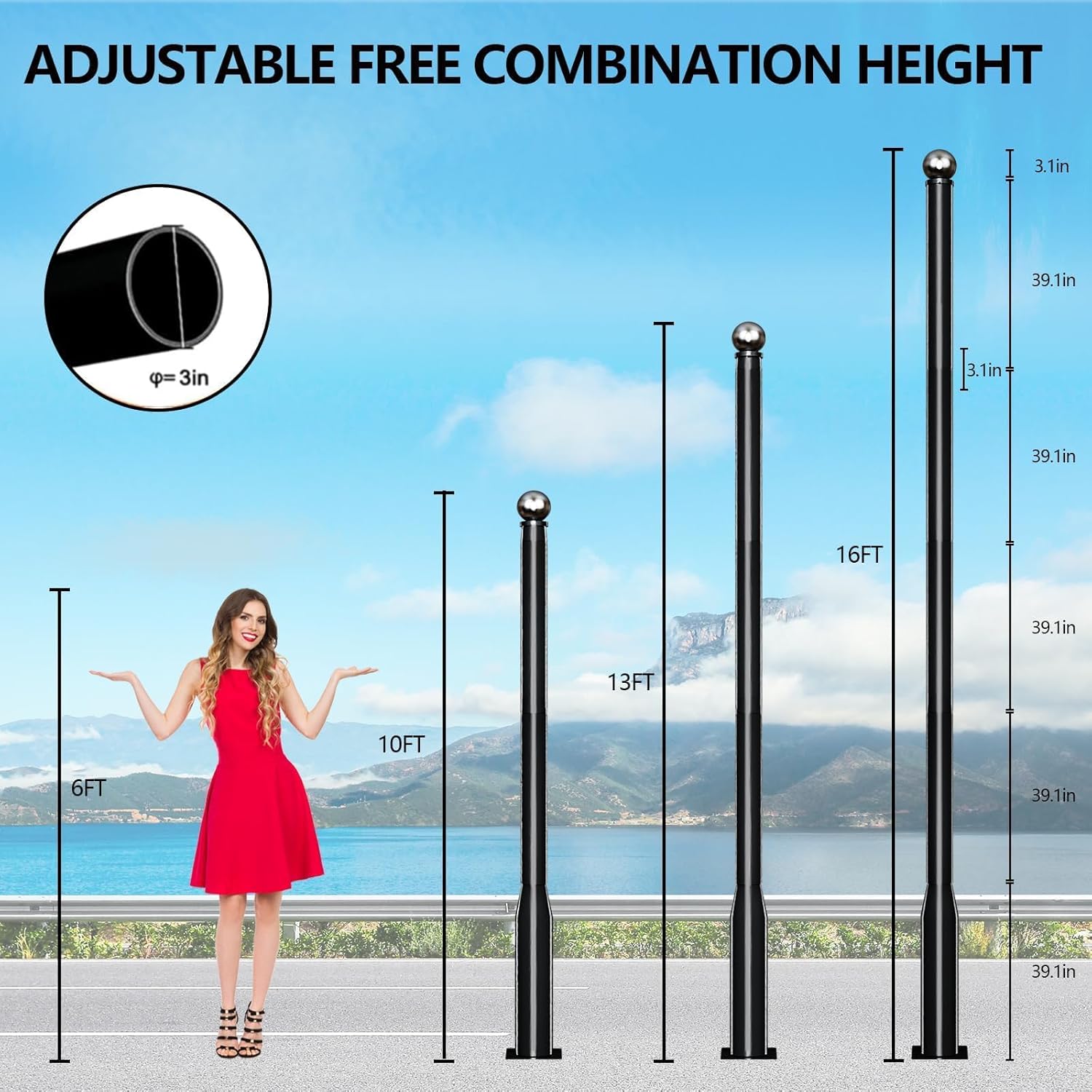 16 Ft Tall Street Light Pole, Solar Street Lamp Post Fixture, Adjustable Heavy Duty Metal Street Llight Fixture for Outdoor Lights, with Mounting Rebar Cage Base Accessory for Parking Lot, Walkway