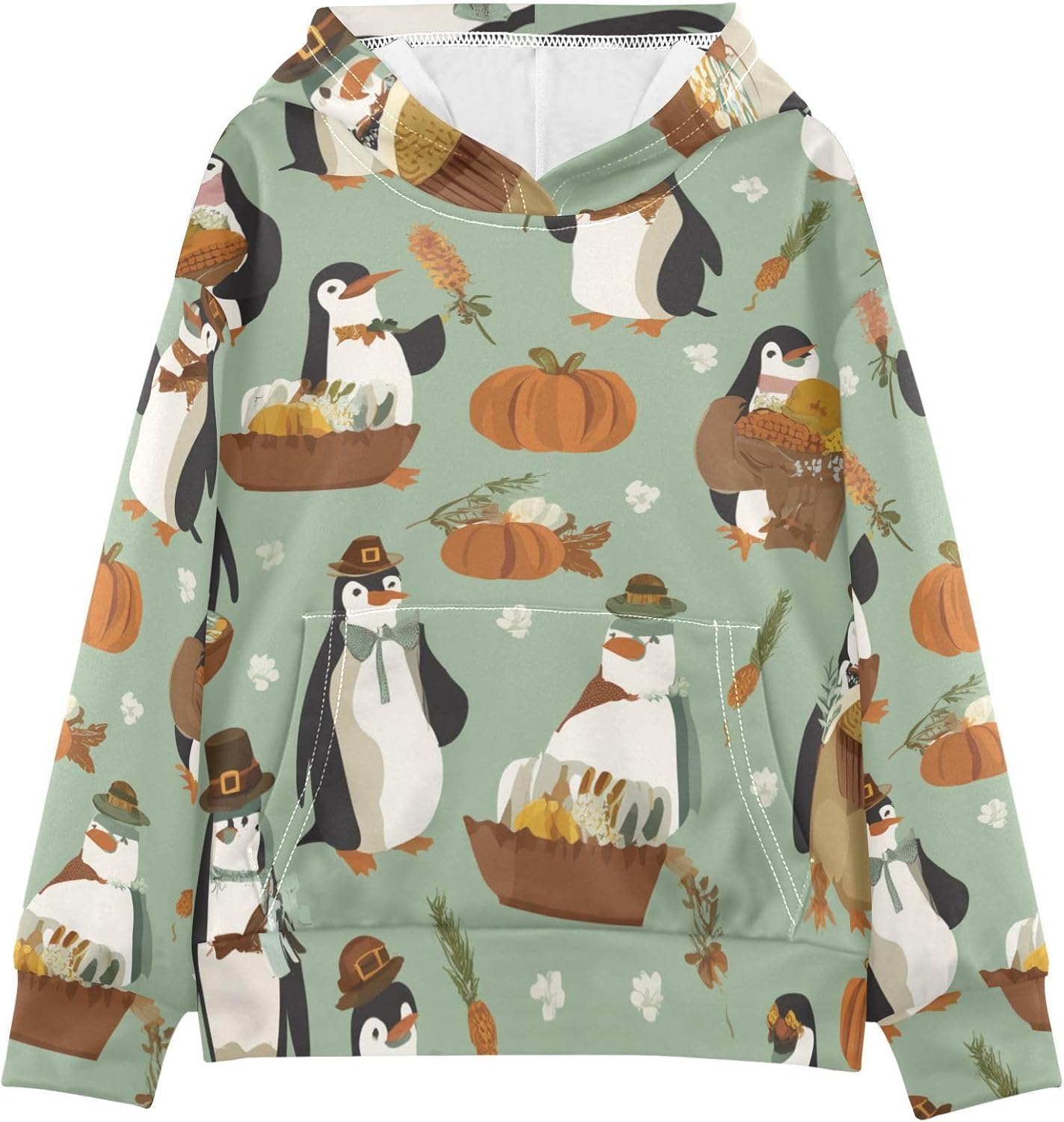 ZZXXB Penguin Pumpkins Kids Sweatshirts Boys Girls Hooded Kangaroo Pocket Pullover Tops XS-XXL