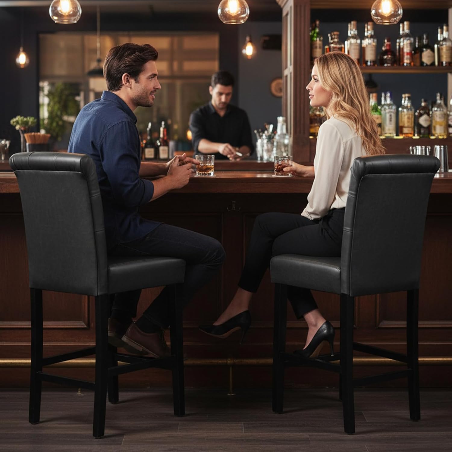 Bar Stools Set of 2, 26 inch Faux Leather Counter Height Barstools Modern Upholstered Kitchen Island Wood Bar Chairs for Home Pub/Bistro/Coffee House, Black