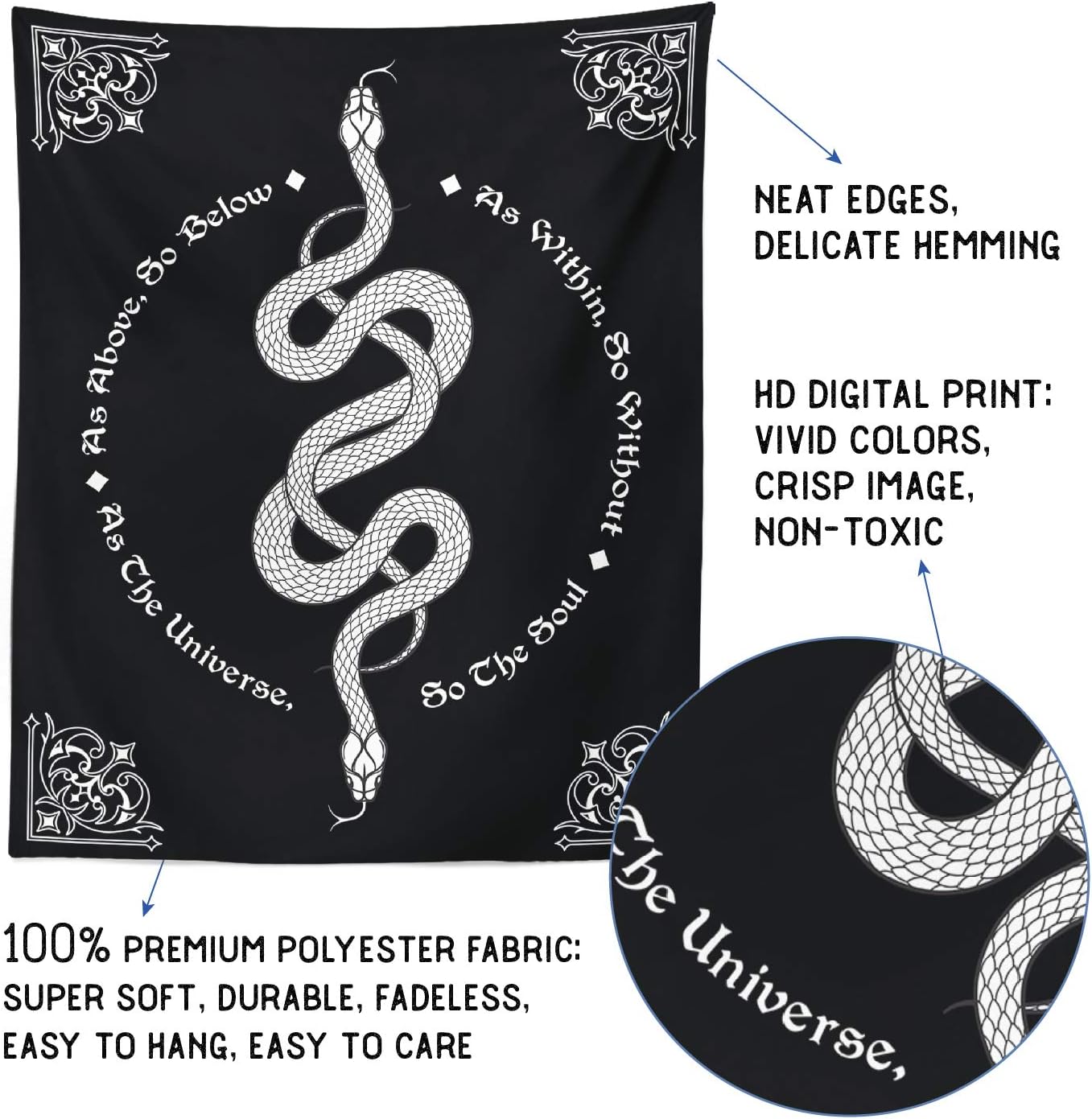 Gothic Witchy Tapestry Witchcraft Magic Moon Skulls Spells Witch Kit Black and White Wall Hanging Goth Wall Decor Witch Tapestry (Snake, 51"x59")