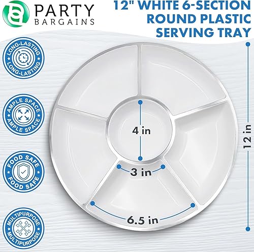 Miniatura 3 de PARTY BARGAINS Bandeja redonda de plástico de 6 secciones, 12 pulgadas, color blanco con borde plateado, paquete de 4, platos reutilizables