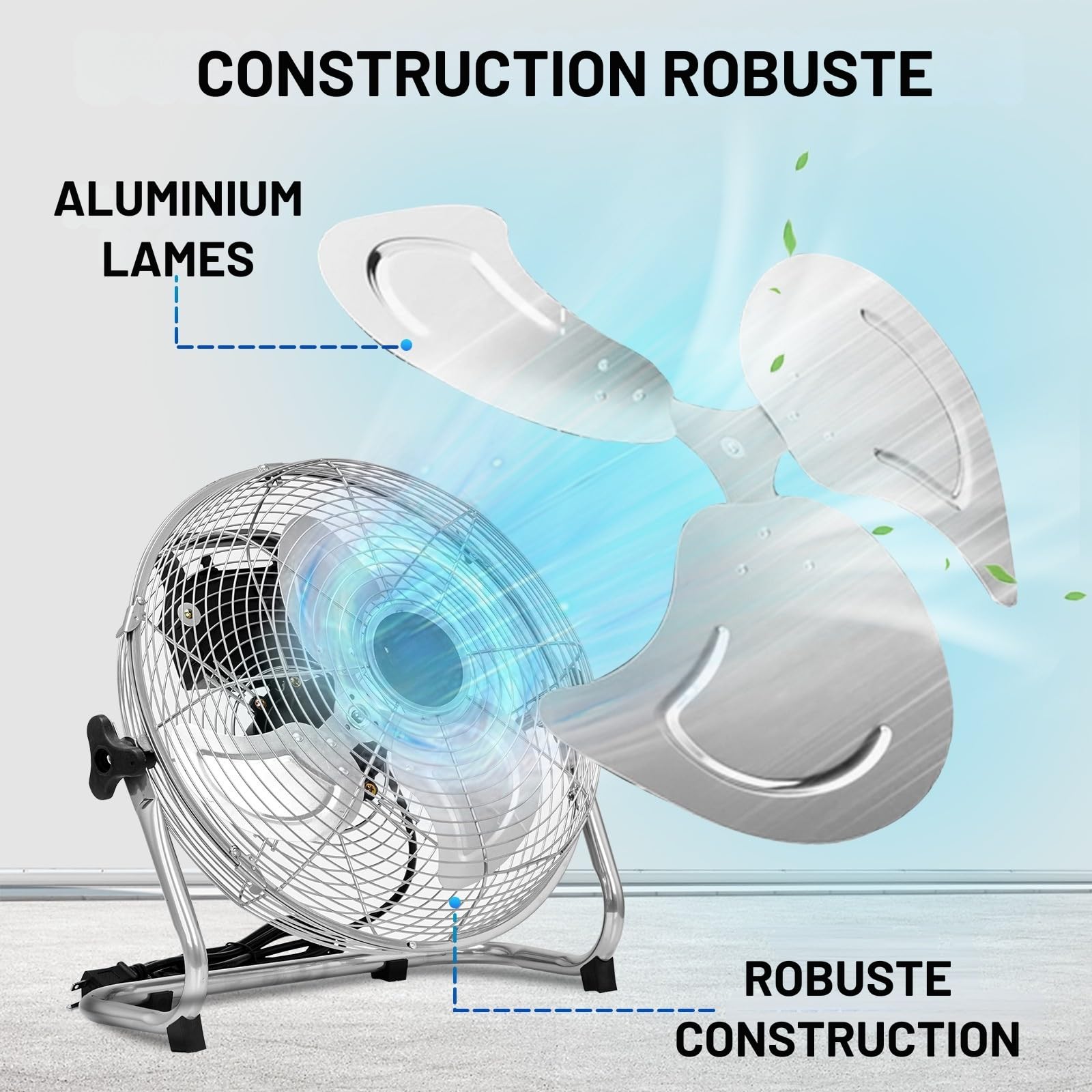 LEADZM Ventilateur sol métal 50cm 4750m³/h pales 230° ajustables | 3 vitesses, flux puissant adapté atelier, entrepôt et garage