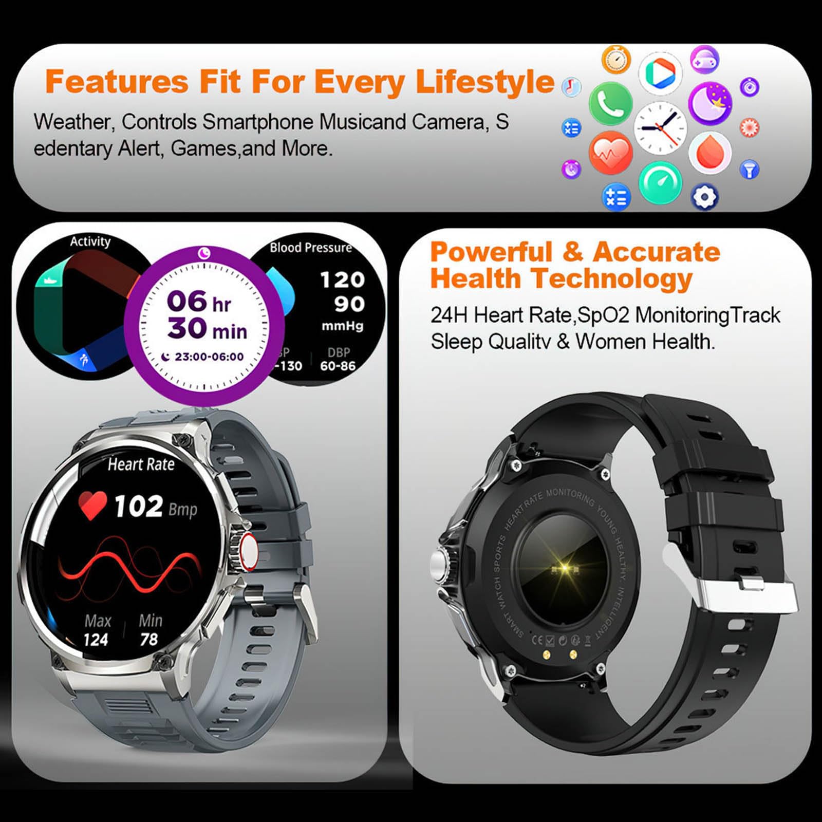 1,85" Okrągły Smartwatch HD Dla Mężczyzn (wykonywanie/odbieranie Połączeń), Bateria 710 MAh, Taktyczny Z Funkcją Śledzenia Kondycji Dla Systemu Android IOS, Wodoodporny Zegarek Cyfrowy IP68,B