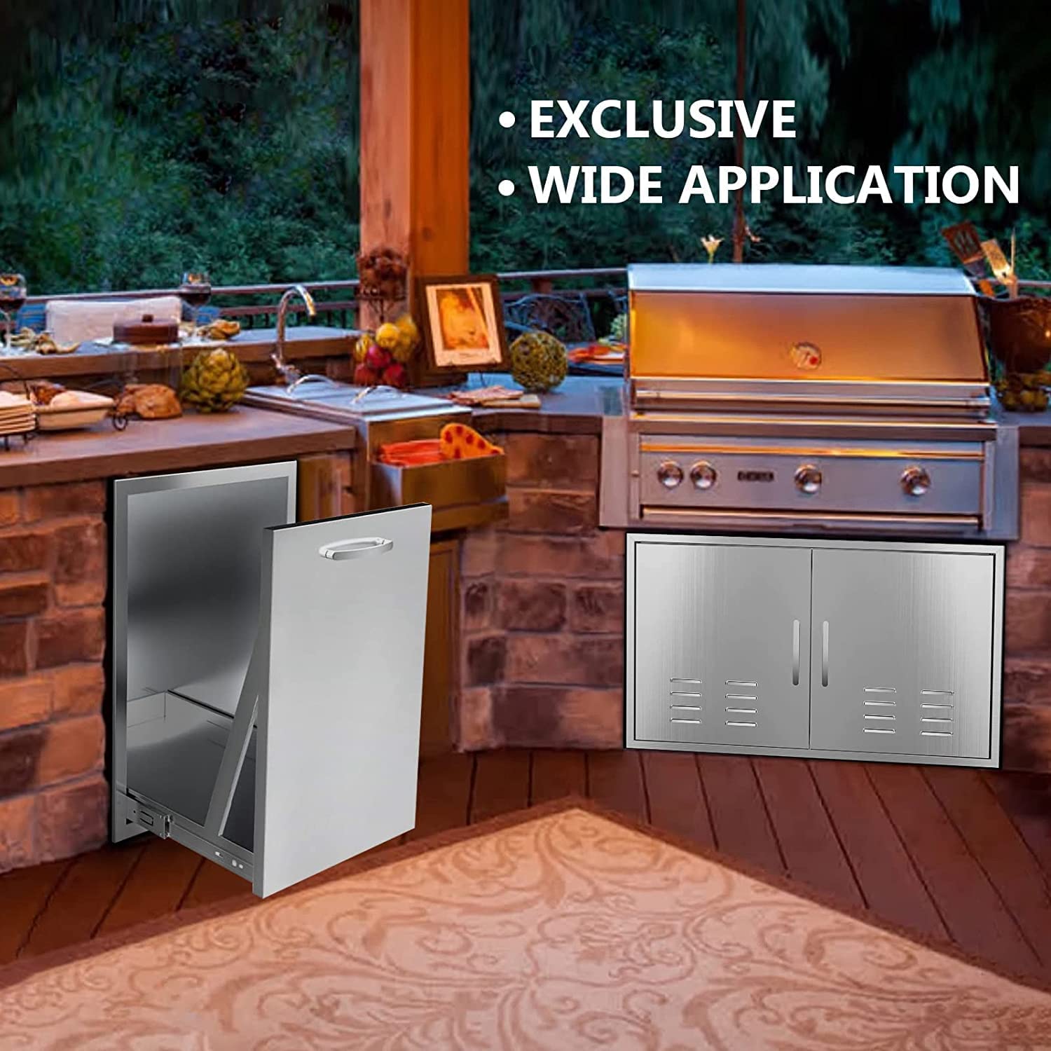 Built-in Double Trash Drawer 20" W x 27" H x 24" D Pull-Out Tray Outdoor Kitchen Stainless Steel Trash Drawer with Handle Storage Two Trash Bins for BBQ Island Grill Station