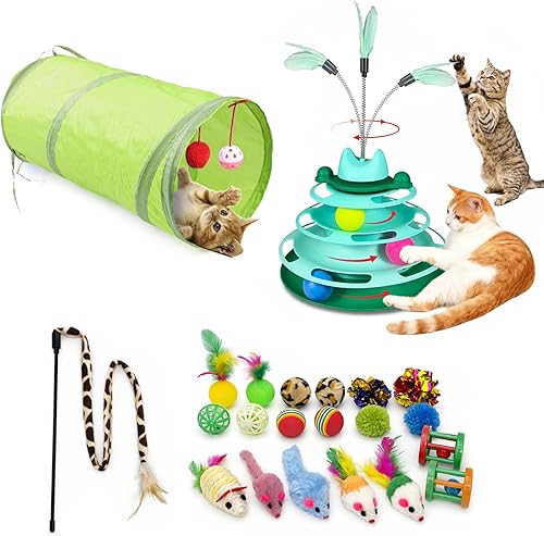 Pista de bolas para gatos, juguete de pelota para gatos de 3 niveles con 3 bolas y plumas desmontables, juguete interactivo para gatos para gatito