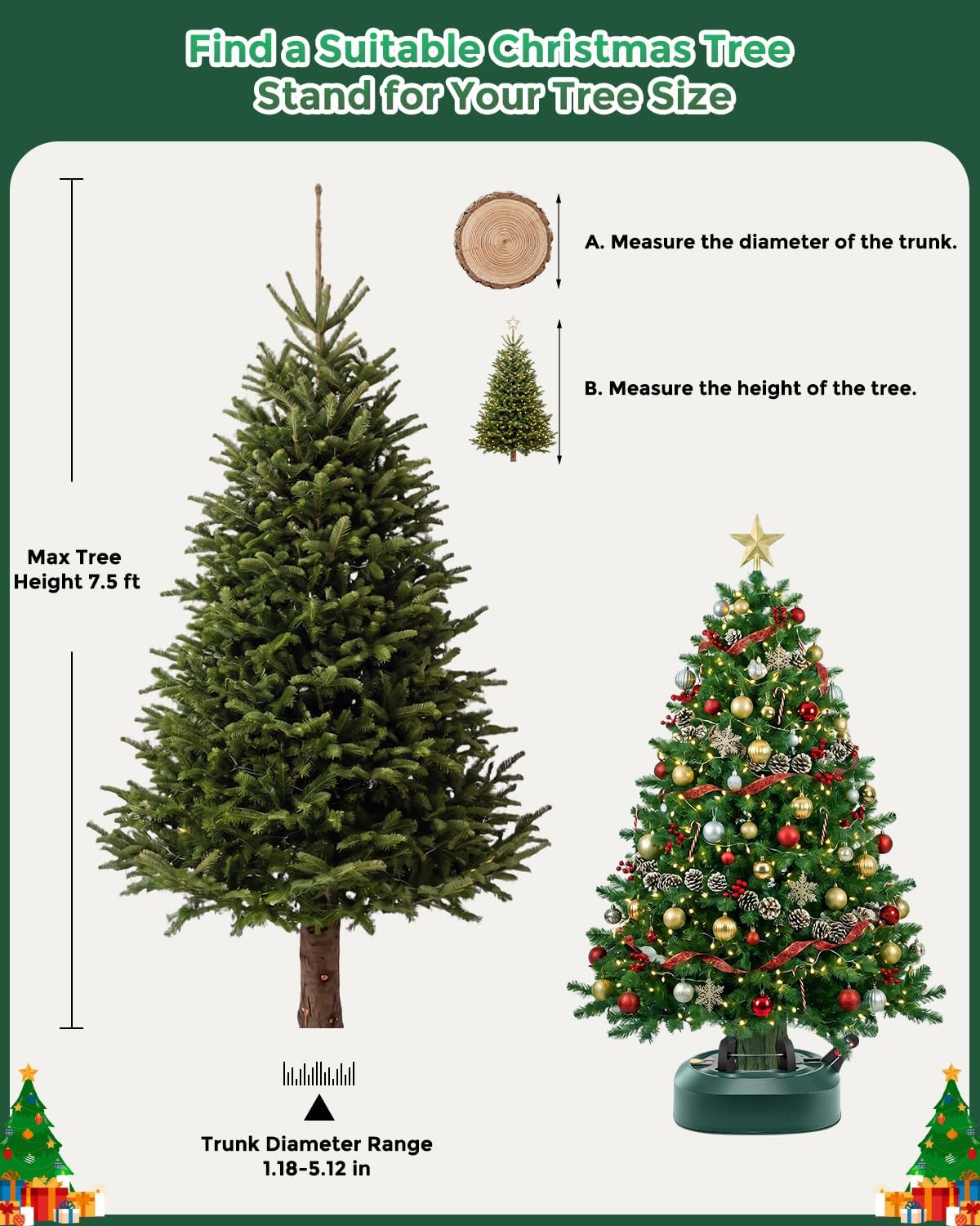 Christmas Tree Stand with Water Reservoir for 7.5 ft Real Tree (5.1" Trunk)