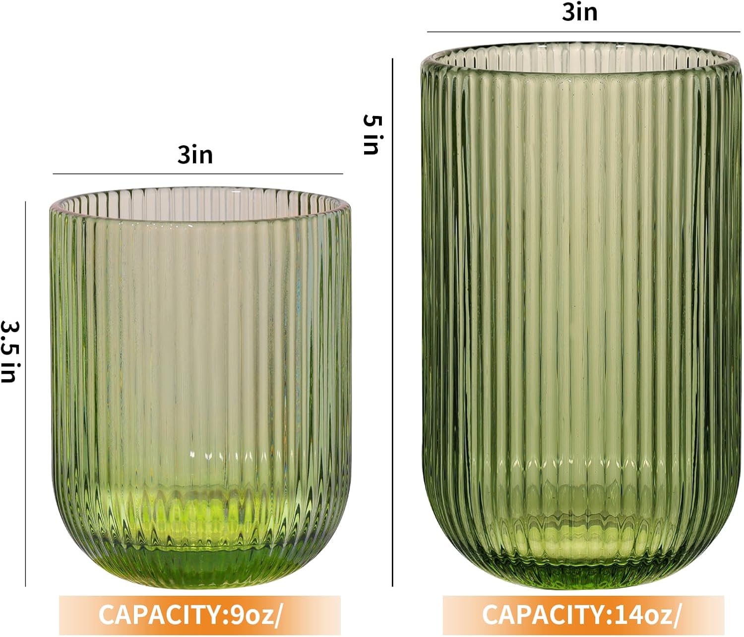 Set of 16 vintage Glassware,8 Highball Glasses 14oz & 8 Rocks Drinking Glasses 9oz, Green, fluted ribbed & leaning ribbed