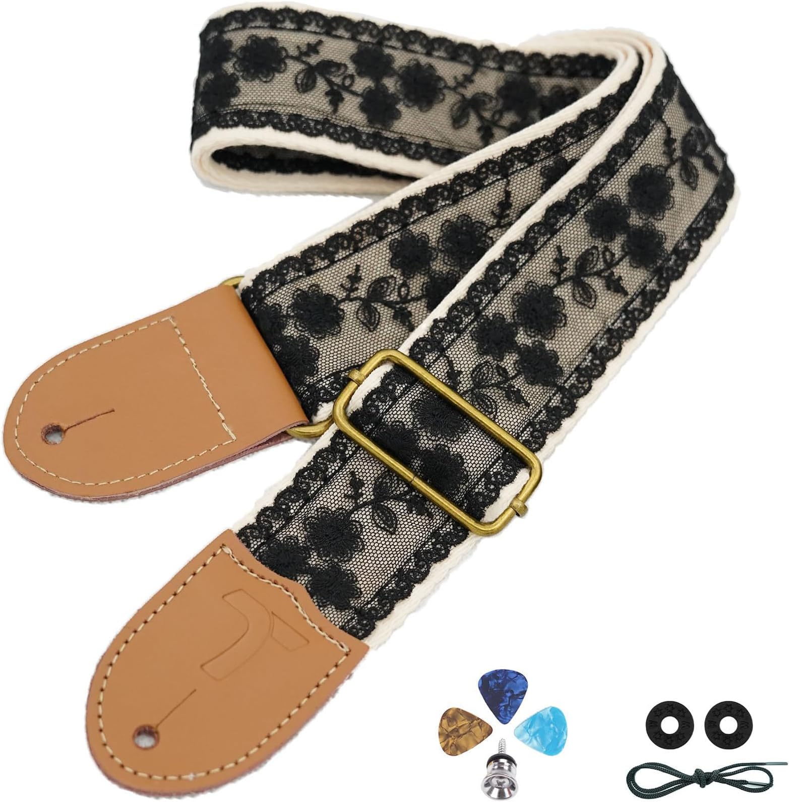 – Adjustable Guitar Strap Set for Electric, Bass, and Ukulele - Double-Headed Leather, Cotton, Black Lace Style - Includes Picks and Strap Lock for Stage Performances
