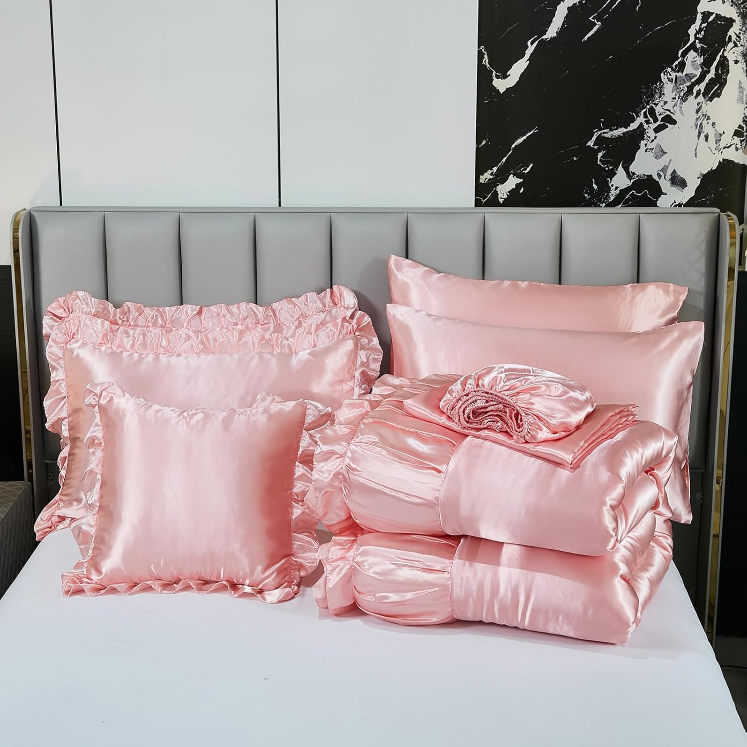 Herside Satin Pink Ruffle Comforter Set with Sheet Set Queen Size,8 Pieces Ruched Pleated Comforter Silk Like Satin Bedding Set,Soft Smooth Luxury Shabby Chic Silky Quilt Set for All Season - Image 9