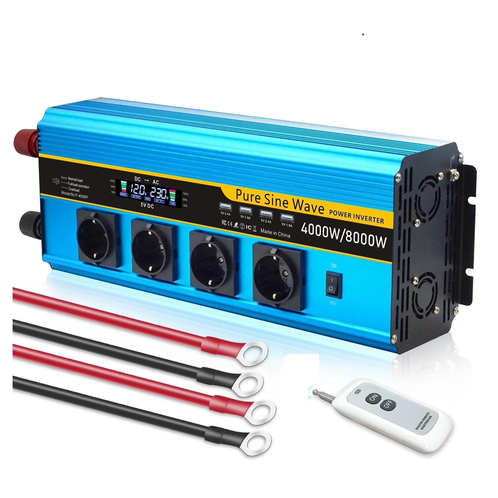 Convertidor Inversor Transformador Inversor Onda Sinusoidal Pura 8000W CC 12V/24V A CA 220V/230V Control Remoto Pantalla LCD Convertidor para Autocaravana Batería Solar(DC12V,50Hz Uni,8000W Peak A)