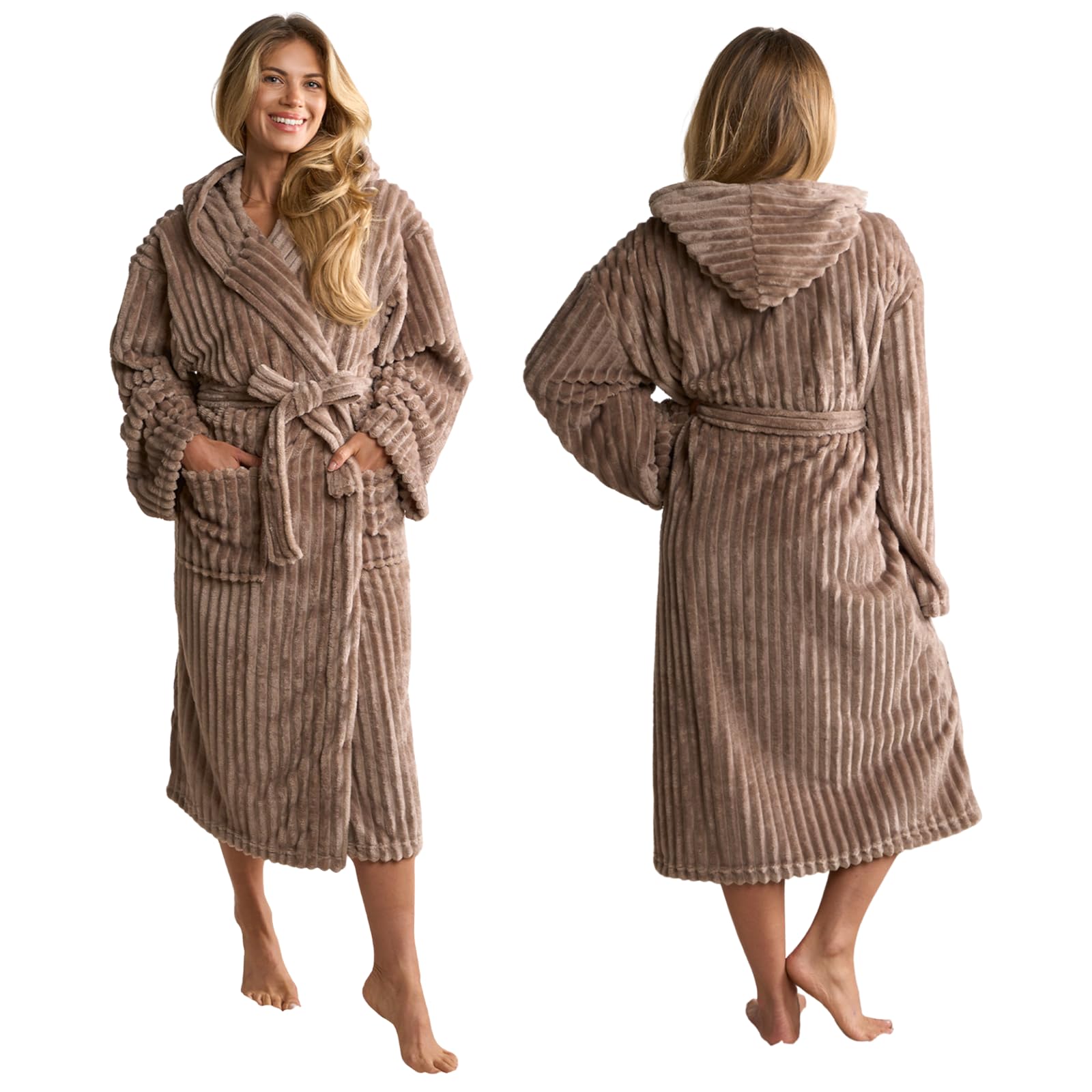 OHS Ribbed Fleece Dressing Gown Loungewear Bathrobe - Brown - One Size