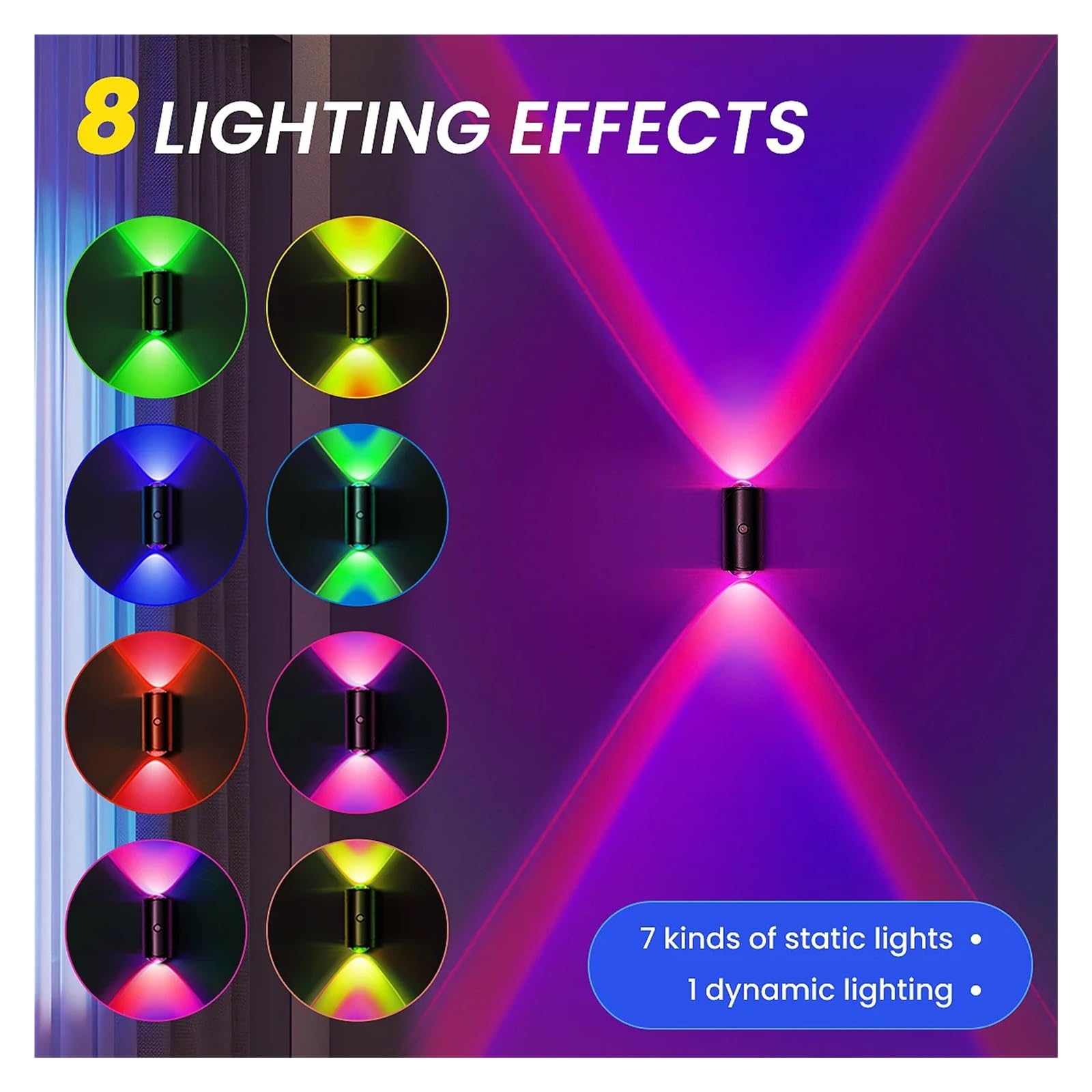 Luce LED con sensore di movimento, 8 effetti di luce, design su/giù, lampade da parete ricaricabili senza fili for interni, camera da letto, corridoio(BLACK-4PCS)