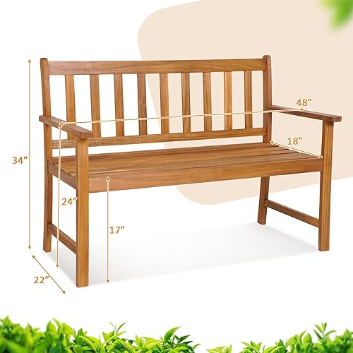 Miniatura 3 de Tangkula Banco de madera de acacia para exteriores, banco de jardín para 2 personas con respaldo y reposabrazos, banco de jardín con asiento de