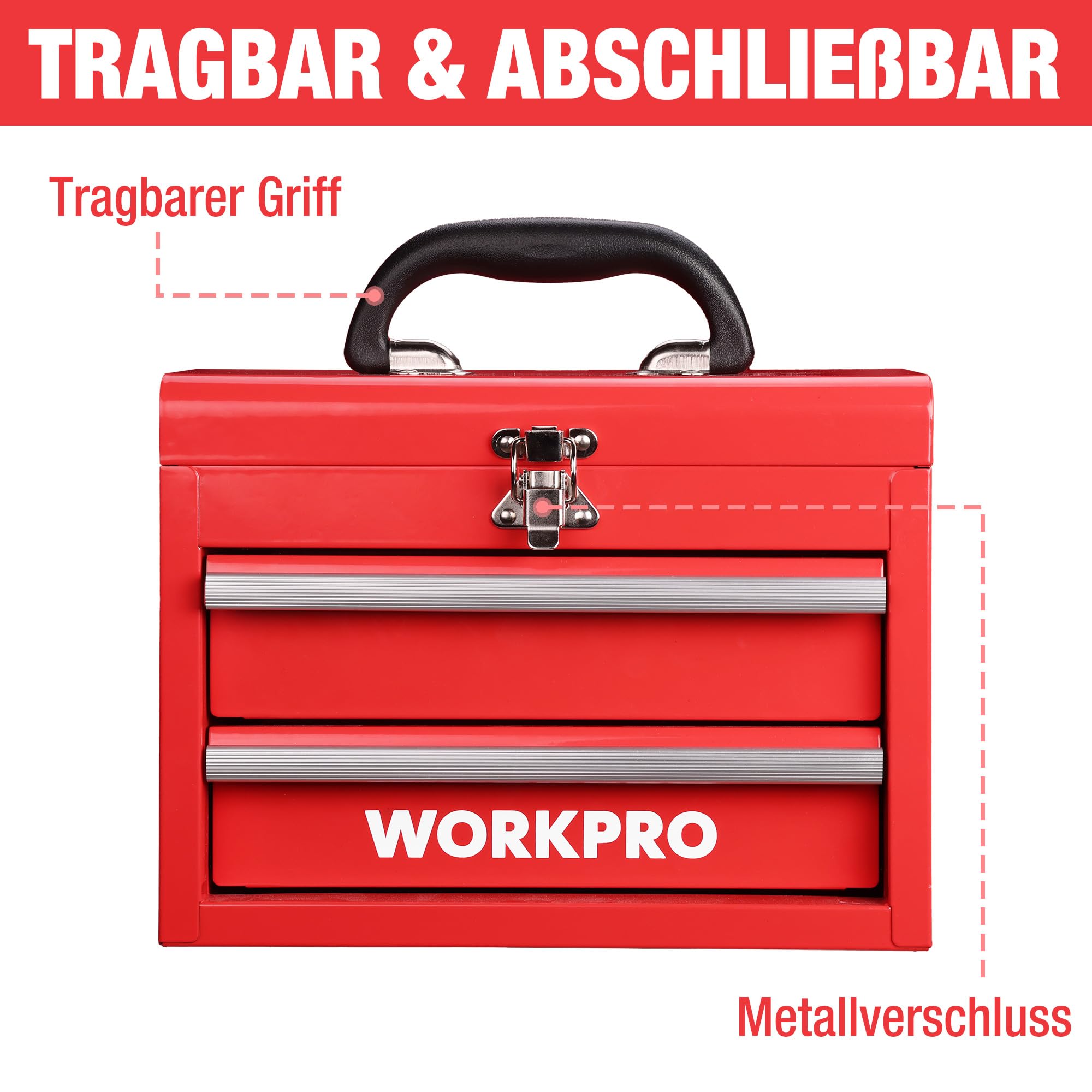 WORKPRO Metall Schubladenbox 2 Schubladen, Rot, Tisch Organizer | Tragbarer Organizer mit Griff und oberem Stauraum, ideal für Büro, Schreibtisch und Werkzeugaufbewahrung