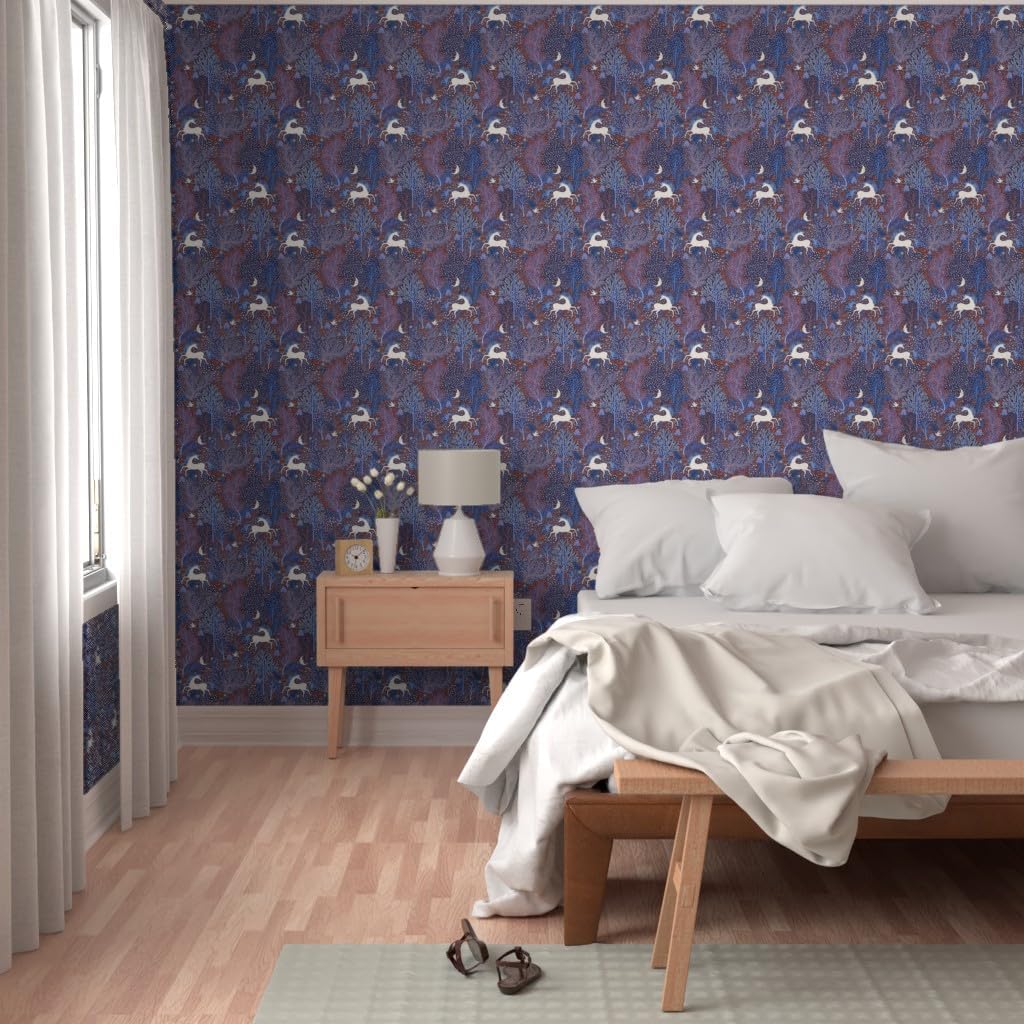 Peel & Stick Wallpaper 6ft x 2ft - Unicorns Forest Flowers Floral Unicorn Horses Scandinavian Folk Custom Removable Wallpaper by Spoonflower