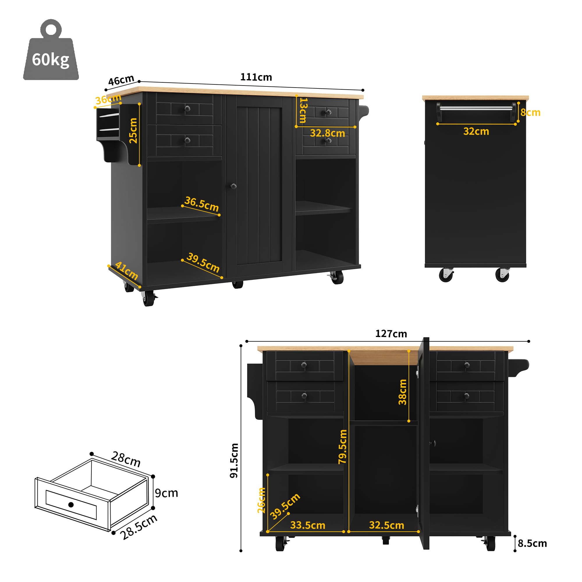 Isla De Cocina Moderna Con Ruedas - 127x46x91.5 Cm, Con Divisores Extraíbles, Estantes Laterales Y Toallero, Color Blanco