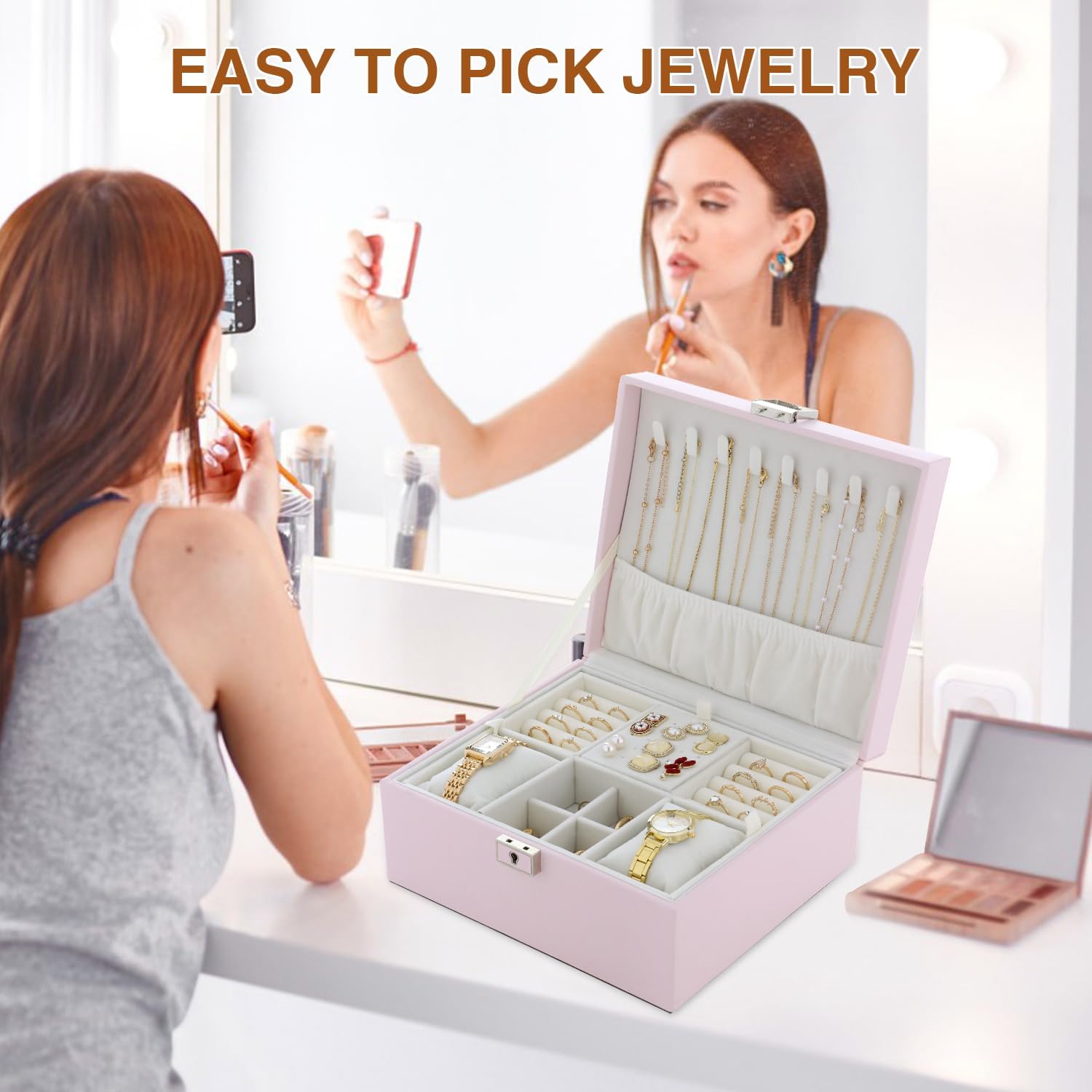 Jewelry Organizer Box for Girls Women,Large Genuine Leather Jewelry Organizers and Storage with Earring Holder Organizer Removable Velvet Jewelry Tray,Christmas Gifts Jewelry Box for Girls 8-12,Pink
