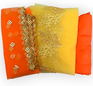 Unstitched Embroidered Net Suit Material, Orange and Yellow with Gold Border, Traditional Design (3, orange and yellow) Price In India