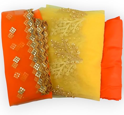 Unstitched Embroidered Net Suit Material, Orange and Yellow with Gold Border, Traditional Design (3, orange and yellow)