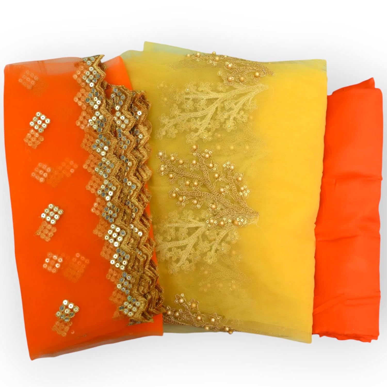Unstitched Embroidered Net Suit Material, Orange and Yellow with Gold Border, Traditional Design (3, orange and yellow) - Review, Price and Buying Guide