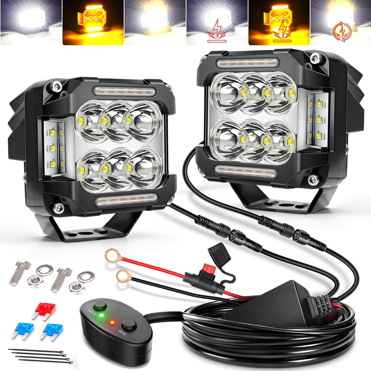 3In LED Cube Pod Lights 120W Side Shooter Offroad Driving Fog Lights with Wiring Harness Amber DRL Ditch Light 270° Combo Beam 6 Modes Strobe Work Light for Jeep Truck SUV UTV ATV Pickup Ford