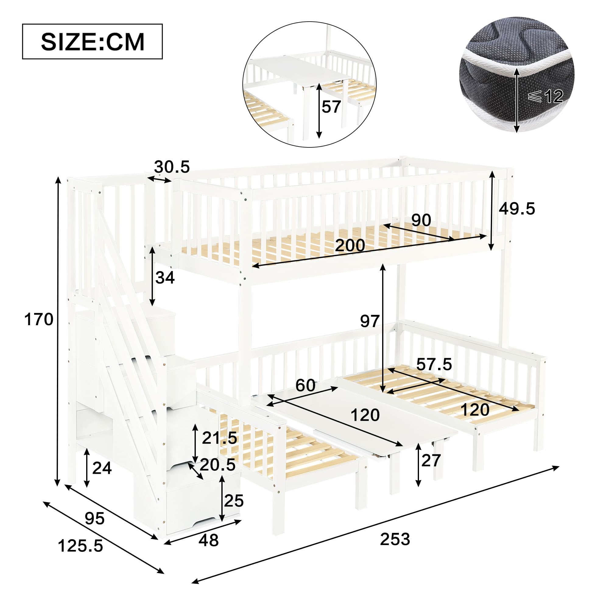 Azkoeesy Kinderbett Etagenbett mit Treppe und Stauraum, 90x200 + 120x200 cm, umbaubar in Sofa und Schreibtisch, Multifunktionales Hochbett für 2 Erwachsene und Jugendliche, Kiefernholz, weiß