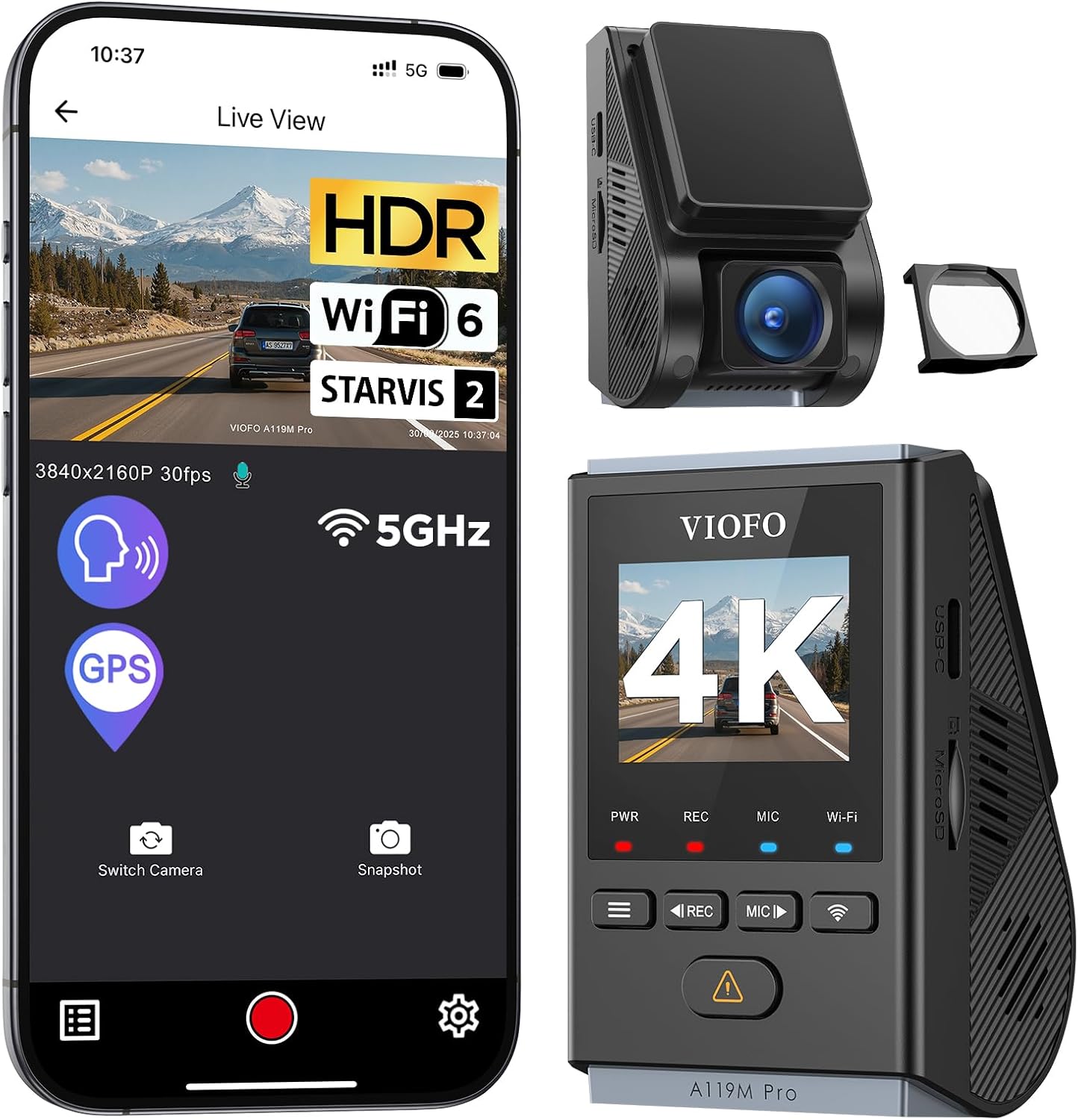 VIOFO A119M Pro 4K HDR Mini Dash Cam, STARVIS 2 IMX678 Sensor, Wi-Fi 6, GPS | True 4K with IMX678 Sensor, Wi-Fi 6, Quad-Mode GPS, Voice Control, Buffered 24H Parking Mode, Supercapacitor, Night Vision