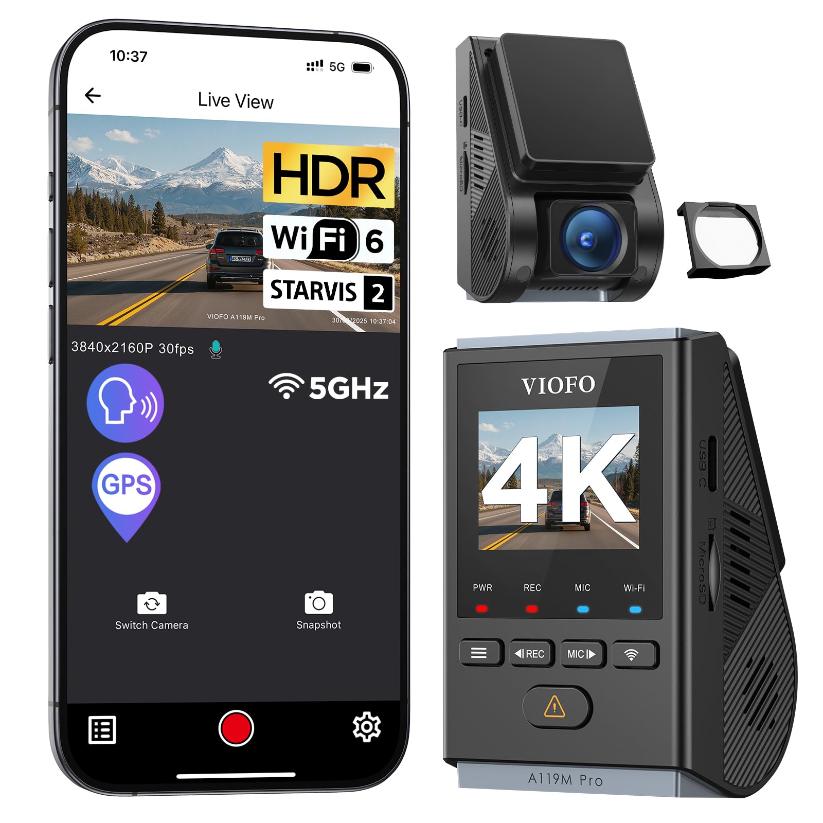VIOFO A119M Pro 4K HDR Mini Front Dash Cam, Car Camera with STARVIS 2 IMX678 Sensor, Wi-Fi 6, Quad-Mode GPS, Voice Control, Night Vision 2.0, 24H Parking Mode, Supercapacitor, Supports up to 512GB