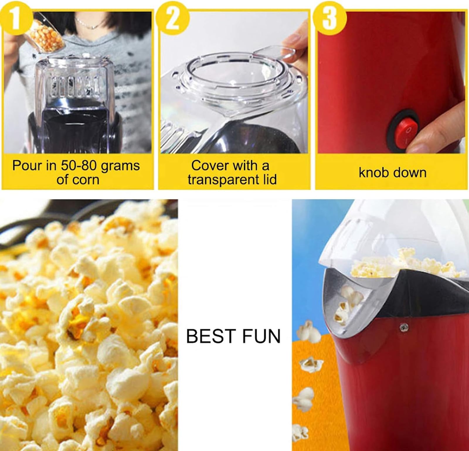 CUSMA Macchina per Popcorn Ad Aria Calda, Macchina per Popcorn Elettrica Senza Olio da 1200 W con Misurino da 60 G E Coperchio Superiore, per Casa, Carnevale E Feste