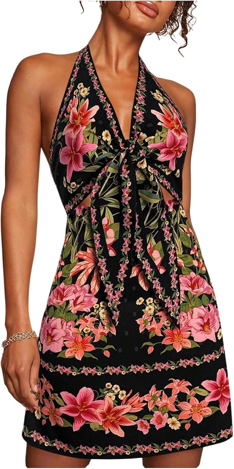 Women's Tropical Floral Backless Halter Dresses Cut Out Knot Front Sleeveless Vacation Short Dress