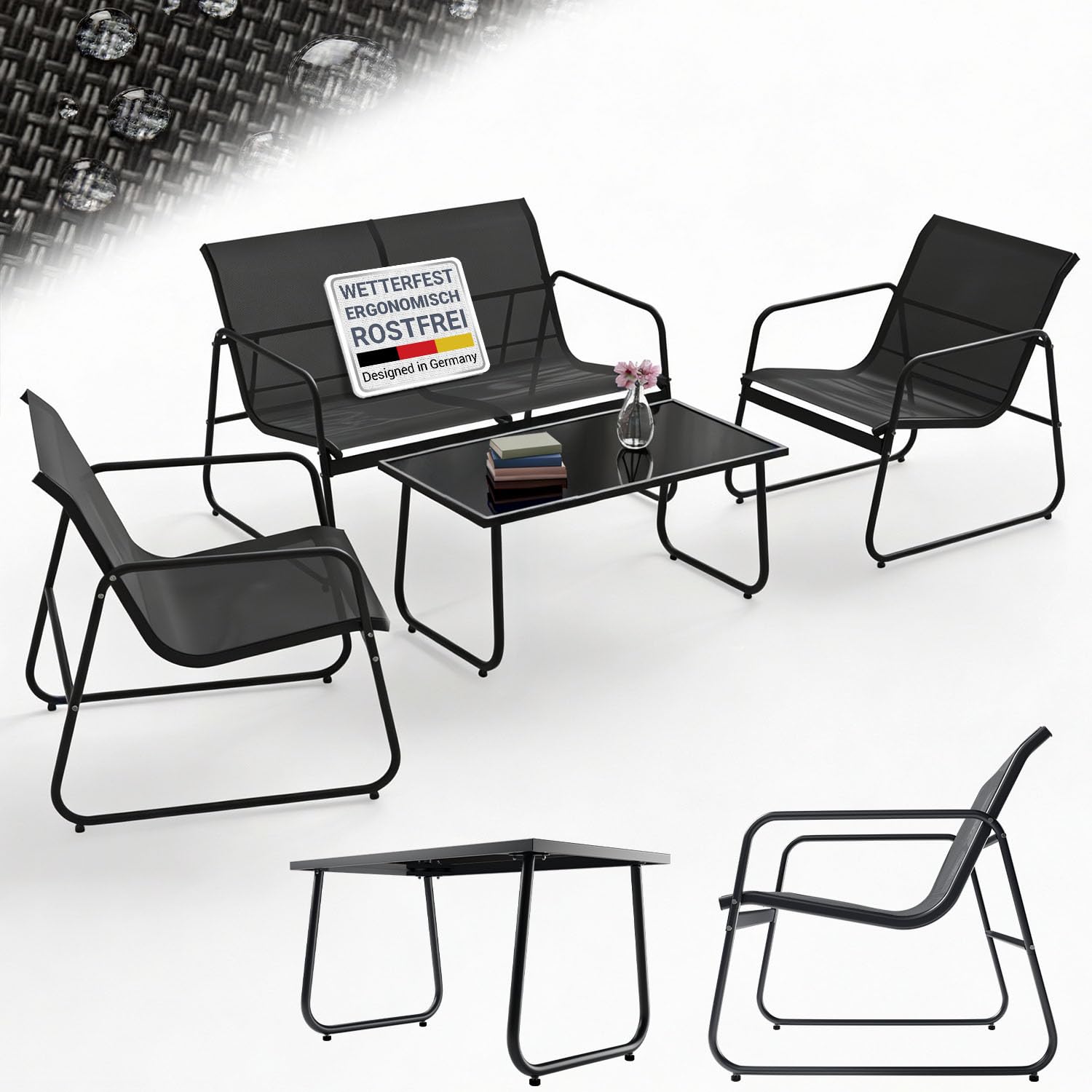 Juskys Gartenmöbelset Genua 4-TLG. – Anthrazit, Outdoor Sitzgruppe, Tisch & Bank, wetterfestes Textil, LongLife Stahlgestell