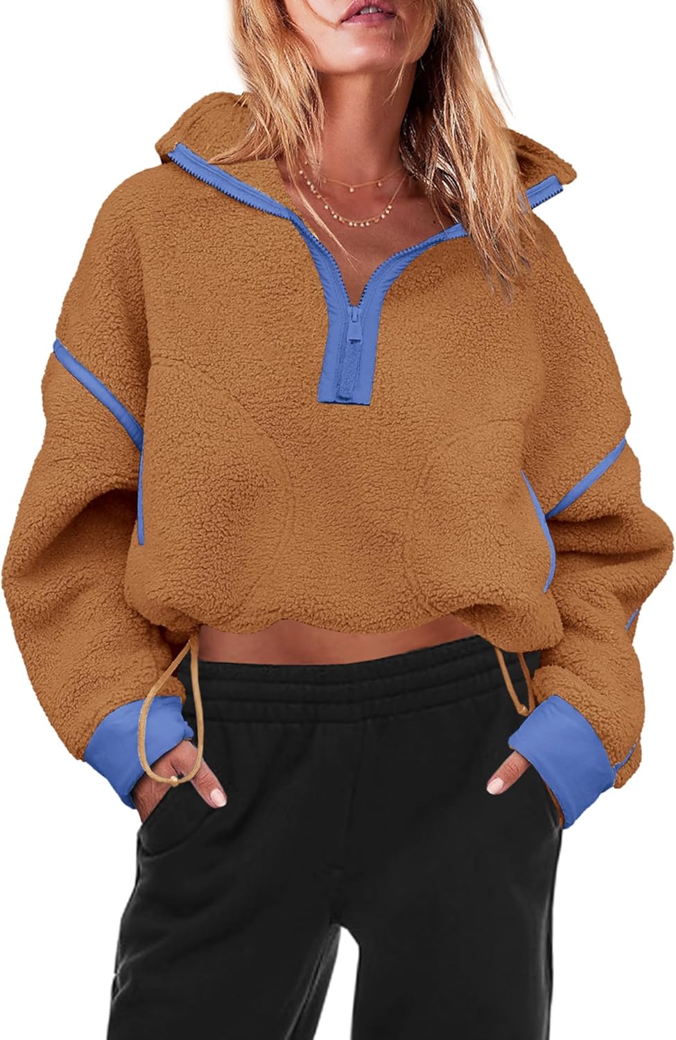 Panadila Womens Half Zip Sherpa Fleece Pullover Soft Oversized Sweatshirt with Pockets Warm Fuzzy Sweater